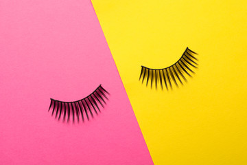 False eyelashes on color background, flat lay