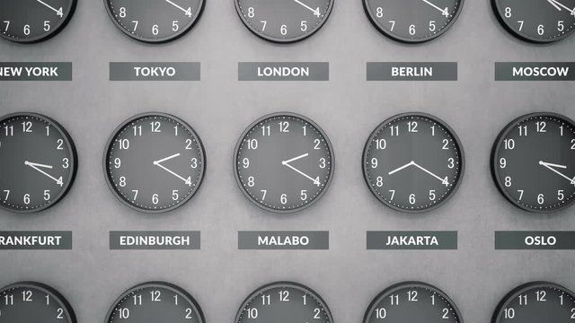 Round clocks show different time zones on a dark concrete wall. Camera moves left to right. Clock face timelapse 60fps 4K animation.