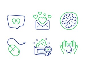 Cream, Walnut and Computer mouse line icons set. Quote bubble, Love mail and Wash hands signs. Best lotion, Vegetarian food, Pc device. Chat comment. Business set. Line cream outline icons. Vector