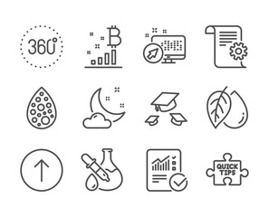 Set of Science icons, such as Web system, Mineral oil, Quick tips, Night weather, Checked calculation, Swipe up, Artificial colors, Technical documentation, Bitcoin graph, Throw hats. Vector