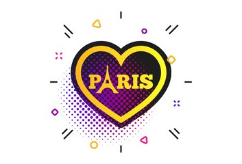 Eiffel tower icon. Halftone dots pattern. Paris symbol. Heart sign. Classic flat paris icon. Vector