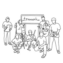 nine people in group holding tools with the word teamwork in the sign behind them vector illustration sketch doodle hand drawn with black lines isolated on white background