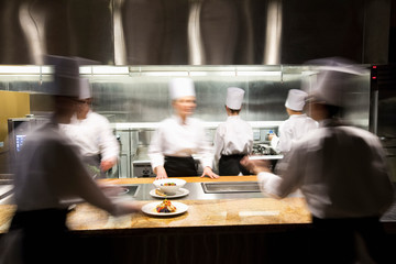 Blurred motion of crew of chef's working in commercial kitchen