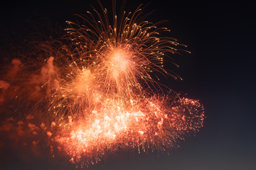 Fototapeta na wymiar Red big fireworks for Russian Navy Day