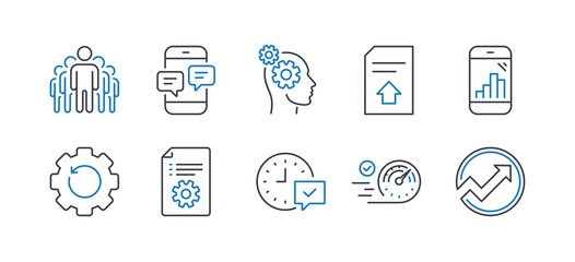 Set of Technology icons, such as Recovery gear, Upload file, Speedometer, Graph phone, Select alarm, Group, Phone messages, Thoughts, Technical documentation, Audit line icons. Vector