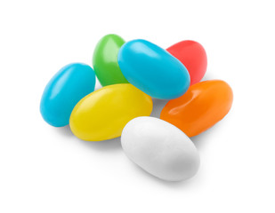 Pile of tasty bright jelly beans isolated on white