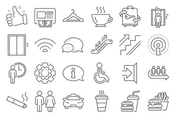 Public Services, Wifi line icons. Elevator, Cloakroom and Taxi icons. Exit, ATM and Escalator. Wifi, Lift or elevator, Restaurant food. Public cloakroom, information, coffee and smoking. Vector