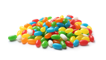 Pile of tasty bright jelly beans isolated on white