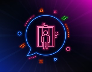 Lift line icon. Neon laser lights. Elevator sign. Transportation between floors symbol. Glow laser speech bubble. Neon lights chat bubble. Banner badge with elevator icon. Vector