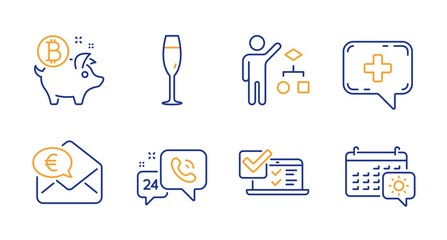 Bitcoin coin, Algorithm and Online survey line icons set. 24h service, Euro money and Medical chat signs. Champagne glass, Travel calendar symbols. Piggy bank, Developers job. Business set. Vector