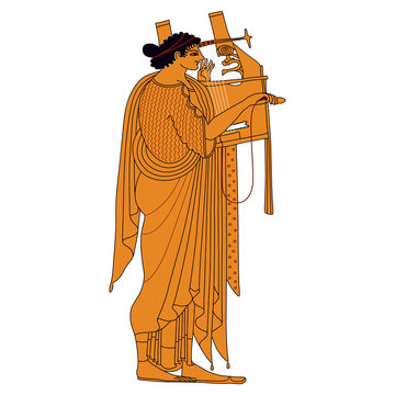 Ancient Greek god Apollo playing the cithara. Vase painting style.
