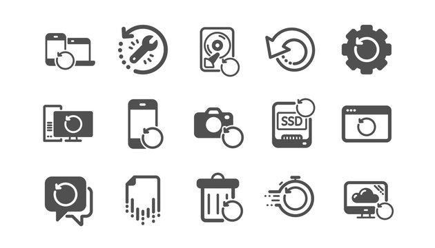 Recovery icons. Backup, Restore data and recover file. Laptop renew, drive repair and phone recovery icons. Classic set. Quality set. Vector