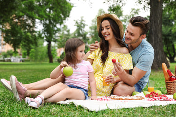 Fototapeta premium Happy family having picnic in park on summer day