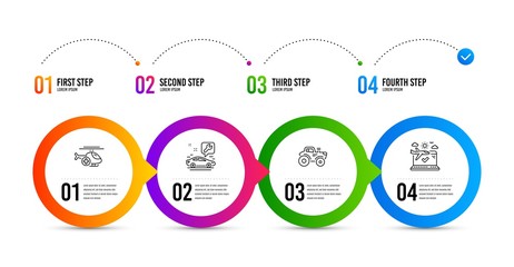 Tractor, Medical helicopter and Car service line icons set. Timeline infographic. Airplane travel sign. Farm transport, Sky transport, Repair service. Check in. Transportation set. Vector