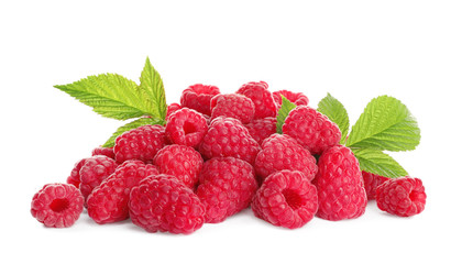 Delicious ripe sweet raspberries with leaves isolated on white