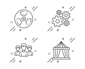 Cogwheel, Chemical hazard and Group line icons set. Circus tent sign. Engineering tool, Toxic, Group of people. Attraction park. Business set. Line cogwheel outline icon. Vector