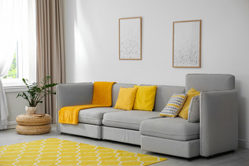 Stylish living room interior with comfortable grey sofa