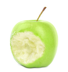 Fresh ripe green apple with bite mark on white background