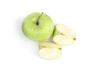 Fresh ripe green apples on white background, top view