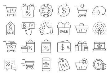 Shopping wallet line icons. Gift, Present and Sale offer signs. Shopping cart, Delivery gift and Tags symbols. Speech bubble, Discount, sale and wallet. Online buying. Surprise present. Vector