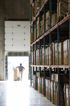 Rear view of worker standing with boxes in warehouse