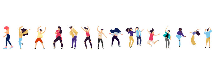 Crowd of young people dancing at club. Big set of characters having fun at party. Flat colorful vector illustration.