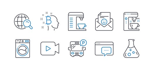 Set of Technology icons, such as Video camera, Washing machine, Smile, Coffee maker, Internet search, Seo message, Bitcoin think, Coffee machine, Bus parking, Chemistry lab line icons. Vector