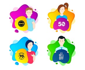 Up to 60% off Sale. People shape offer badge. Discount offer price sign. Special offer symbol. Save 60 percentages. Dynamic shape offer. Worker person badge. Cut out people coupon. Vector