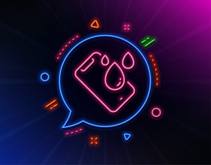 Smartphone waterproof line icon. Neon laser lights. Phone sign. Mobile device symbol. Glow laser speech bubble. Neon lights chat bubble. Banner badge with smartphone waterproof icon. Vector