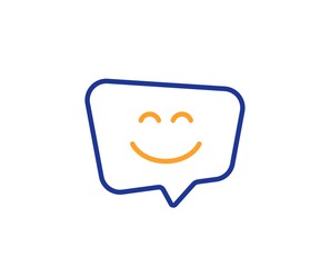 Happy emoticon chat sign. Smile face line icon. Speech bubble symbol. Colorful outline concept. Blue and orange thin line smile face icon. Vector