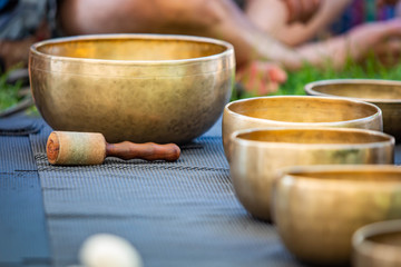 Brass set of singing bowls for yoga and meditation
