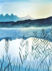 This is a handmade painting, using watercolors. It is a quiet landscape, mountains and a lake.