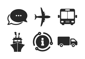 Truck, Airplane, Public bus and Ship signs. Chat, info sign. Transport icons. Shipping delivery symbol. Air mail delivery sign. Classic style speech bubble icon. Vector