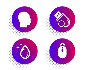 Water drop, Flash memory and Head icons simple set. Halftone dots button. Swipe up sign. Crystal aqua, Recovery usb, Human profile. Scrolling page. Science set. Classic flat water drop icon. Vector