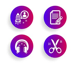 Startup, Article and Headphones icons simple set. Halftone dots button. Scissors sign. Developer, Feedback, Earphones. Cutting tool. Education set. Classic flat startup icon. Vector