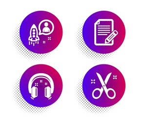 Fototapeta premium Startup, Article and Headphones icons simple set. Halftone dots button. Scissors sign. Developer, Feedback, Earphones. Cutting tool. Education set. Classic flat startup icon. Vector
