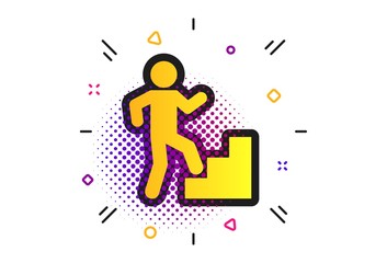 Upstairs icon. Halftone dots pattern. Human walking on ladder sign. Classic flat upstairs icon. Vector