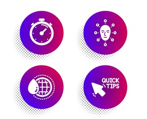 Timer, World water and Face biometrics icons simple set. Halftone dots button. Quick tips sign. Deadline management, Aqua drop, Facial recognition. Helpful tricks. Science set. Vector