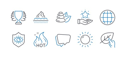 Set of Business icons, such as Spa stones, Hot sale, Loyalty program, Sunny weather, Globe, Skin care, Eye protection, Winner, Speech bubble, Organic tested line icons. Bath, Shopping flame. Vector