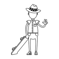 hipster boy with green skateboard in black and white