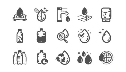 Water drop icons. Bottle, Antibacterial filter and Tap water. Clean water classic icon set. Quality set. Vector