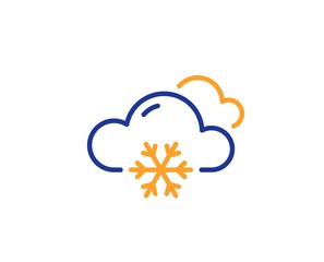 Clouds with snowflake sign. Snow weather forecast line icon. Cloudy sky symbol. Colorful outline concept. Blue and orange thin line snow weather icon. Vector