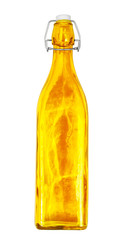glass yellow bottle for oil on isolated white background