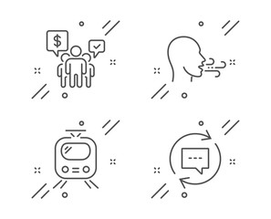 Breathing exercise, Teamwork and Train line icons set. Update comments sign. Breath, Employees chat, Tram. Chat speech bubble. Technology set. Line breathing exercise outline icon. Vector