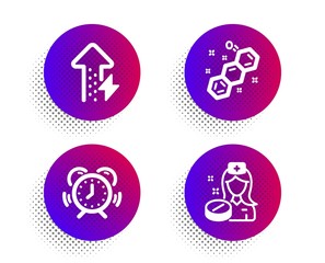 Chemical formula, Energy growing and Time management icons simple set. Halftone dots button. Nurse sign. Chemistry, Power usage, Alarm clock. Medicine pill. Science set. Vector