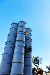 Missiles of the air defense system on blue sky background. Launcher air defense S-300, NATO reporting name SA-10 Grumble is a series of initially Soviet long range surface-to-air missile systems.