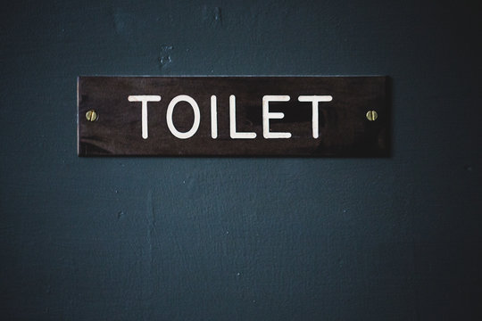 Close up of toilet sign on blue door