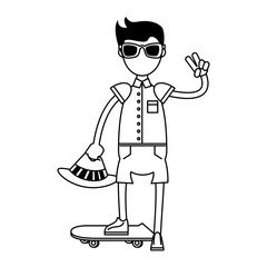 hipster boy with green skateboard in black and white