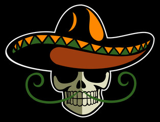 Mexican style skull with traditional sombrero hat.