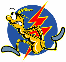 Funny cartoon style running bed bug, struck by lightning, vector cartoon character, clean service logo.